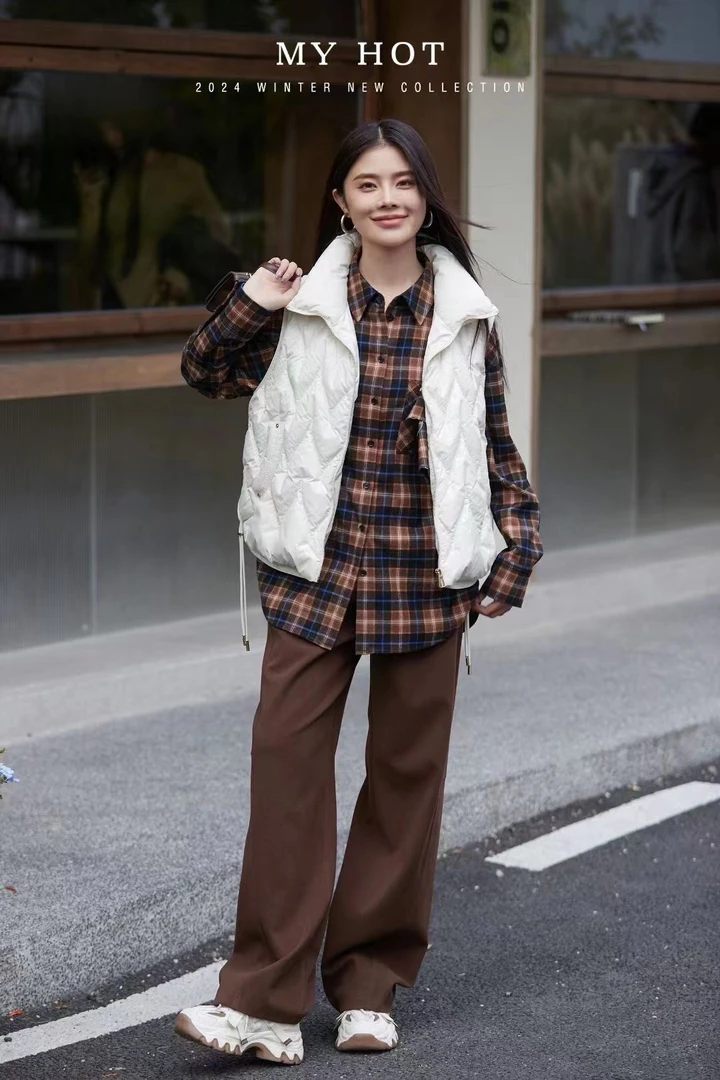 H311312785韩版宽松格子翻领长袖衬衫女休闲外套