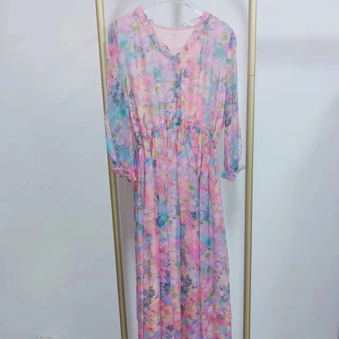 100%桑蚕丝宽松连衣裙印花设计时尚碎花裙抽绳收腰显瘦中长裙均码