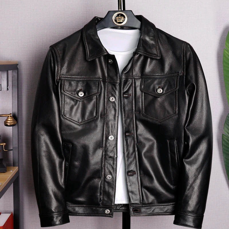 真皮皮衣头层山羊皮男士翻领皮夹克短款修身潮流时尚休闲机车外套