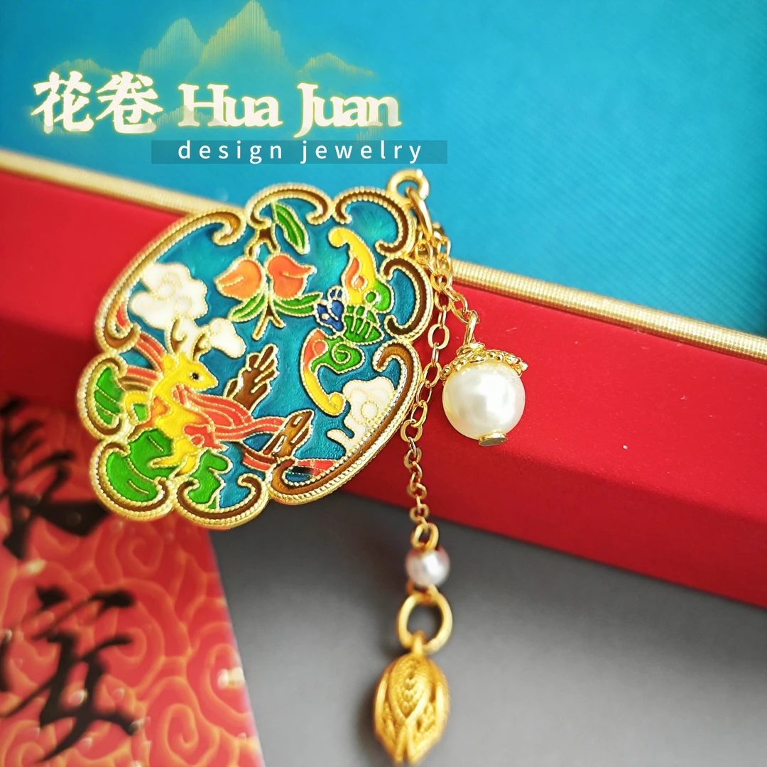 925银珐琅银制品 新中式【鹤鹿同春】古法手工吊坠复古国风古风镶嵌