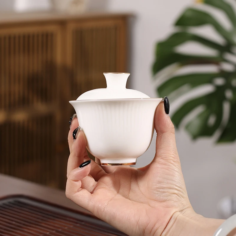 【晴紫阁】羊脂玉白瓷三才盖碗茶杯单个陶瓷功夫泡茶碗小号