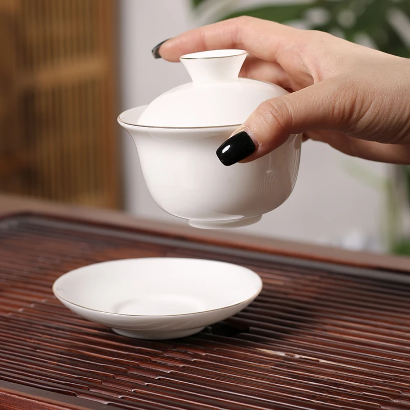 【晴紫阁】羊脂玉白瓷三才盖碗茶杯单个陶瓷功夫泡茶碗小号