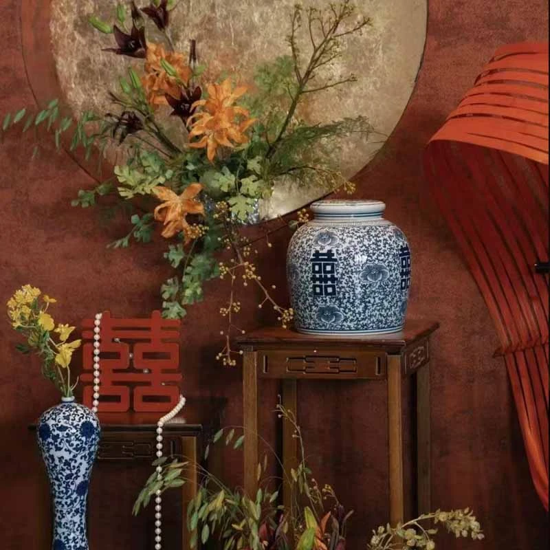 青花陶瓷摆件茶叶罐古玩收藏储物罐子喜字博古架景德镇厨房零食罐