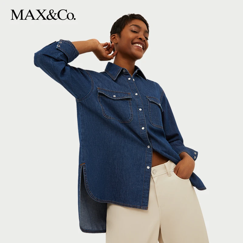 MAX&Co.2024春夏新款女装棉质工装贴袋牛仔衬衫6111044202maxco