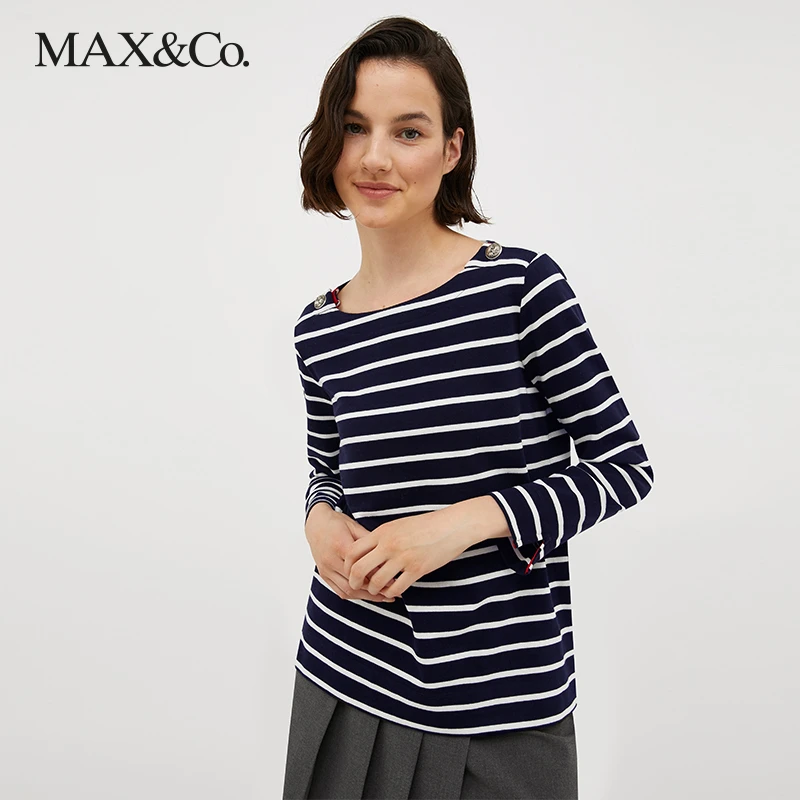 MAX&Co.夏季新款圆领长袖水手条纹T恤时尚百搭纯棉上衣女maxco