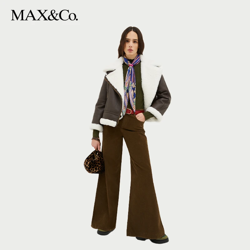 MAX&Co.新款机车风格针织短款夹克宽松休闲百搭毛领经典拉链
