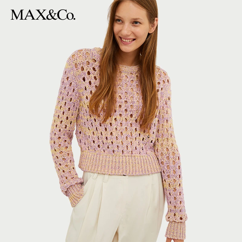 MAX&Co.2024春夏新款女装镂空圆领长袖毛衣针织衫6361034202maxco