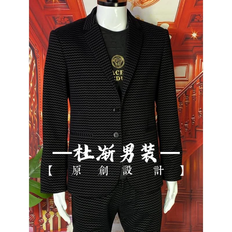 【春夏季精品男装】黑色轻奢修身保暖西装格子外套商务男士潮流1810