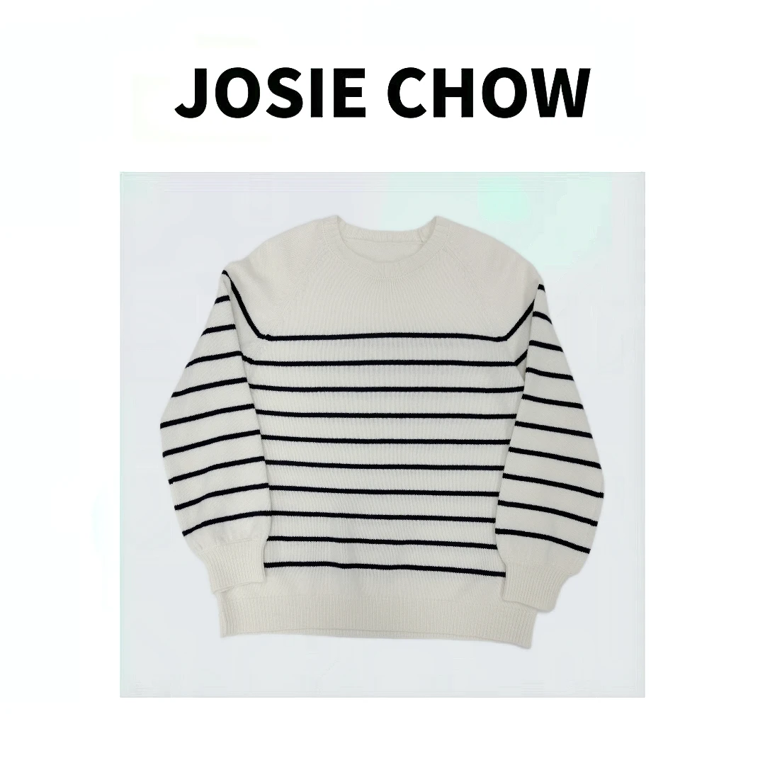JOSIE CHOW【澳洲美利奴】休闲条纹针织圆领毛衣。JC821257