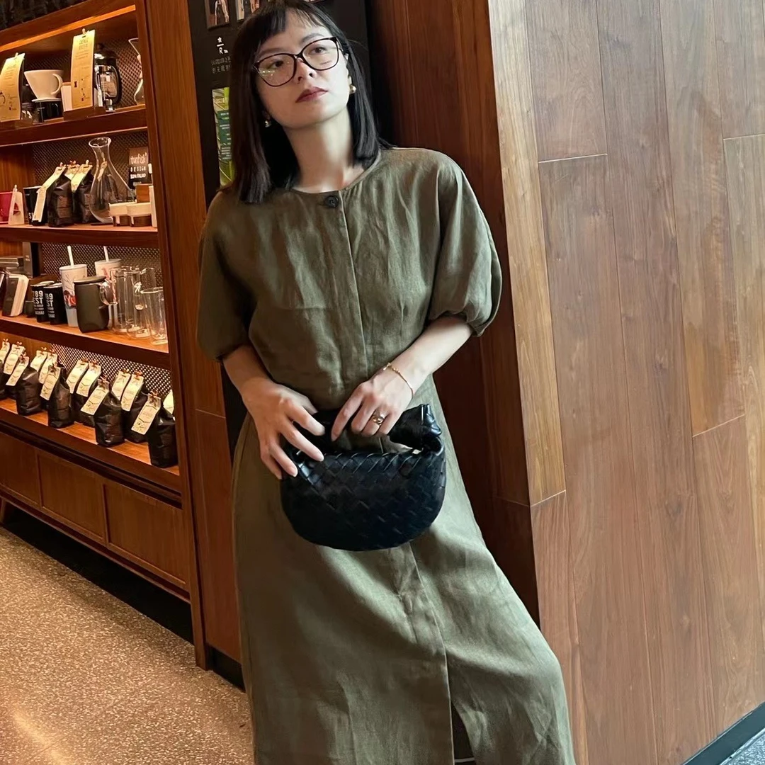 Ic003033。太时髦了！廓形设计感亚麻连衣裙