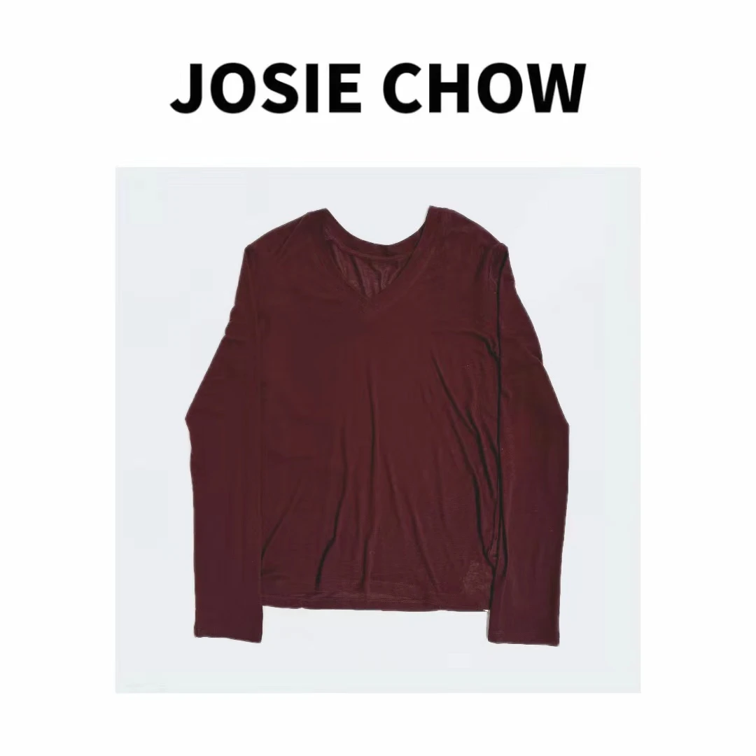 JOSIE CHOW【酒红/黑】洋气慵懒微透V领长袖打底T恤。JC821210