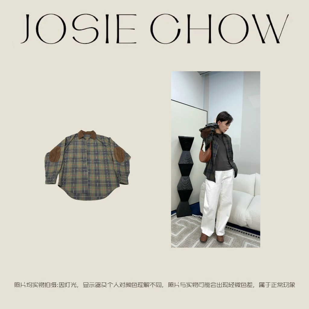 JOSIE CHOW【色织格纹】春季翻领复古灯芯绒拼接衬衫。Ba773111
