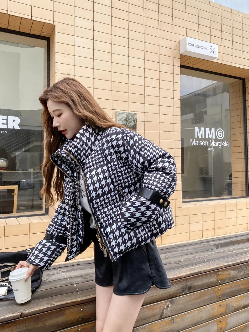 【90白鸭绒】复古千鸟格印花双层拉链短款女士羽绒服2023冬季新品