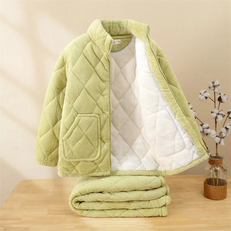 新款女冬款加厚加绒牛奶绒睡衣套装法兰绒宽松可外穿家居服两件套