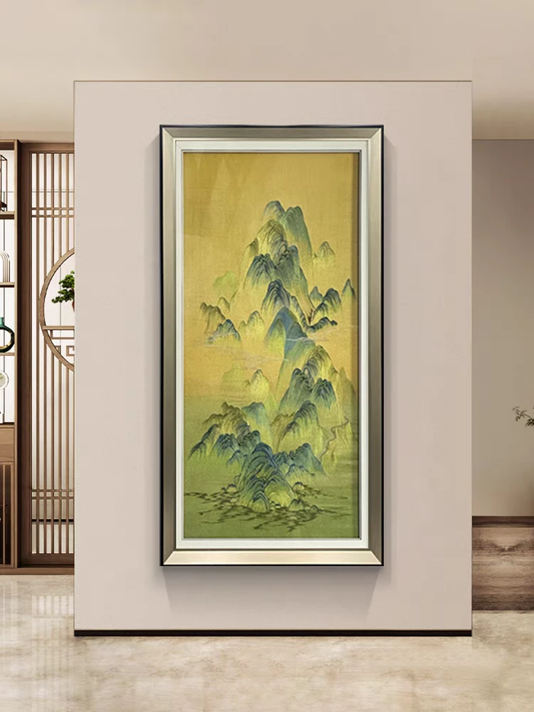 千里江山图玄关装饰画中式刺绣走廊过道挂画大气苏绣入户竖版壁画