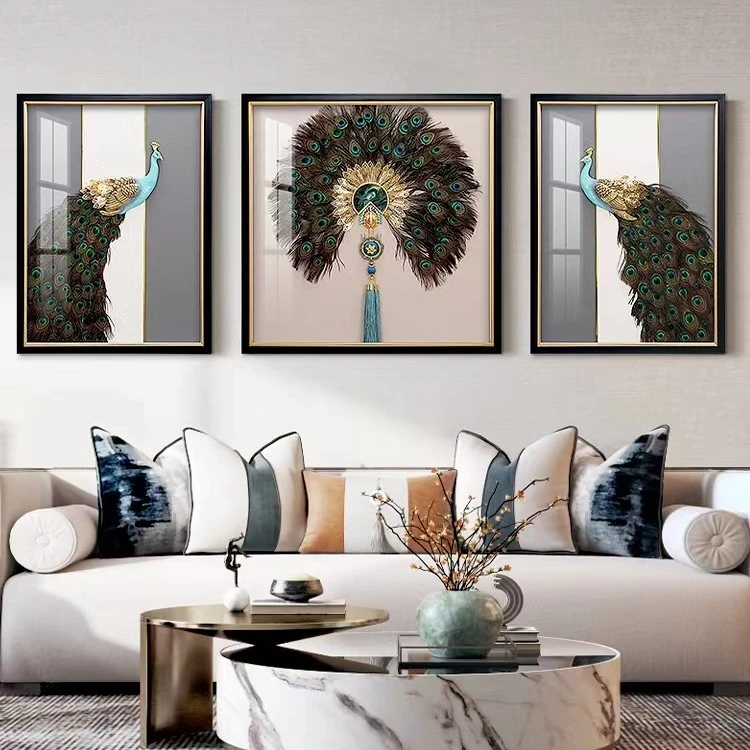 新中式沙发背景墙装饰画孔雀羽毛客厅挂画现代简约壁画国风立体画