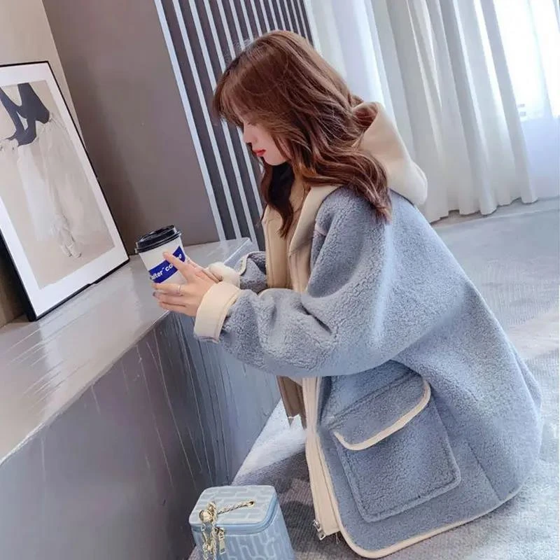 秋冬新款假两件连帽外穿宽松开衫女2023年设计感学生小个子外套