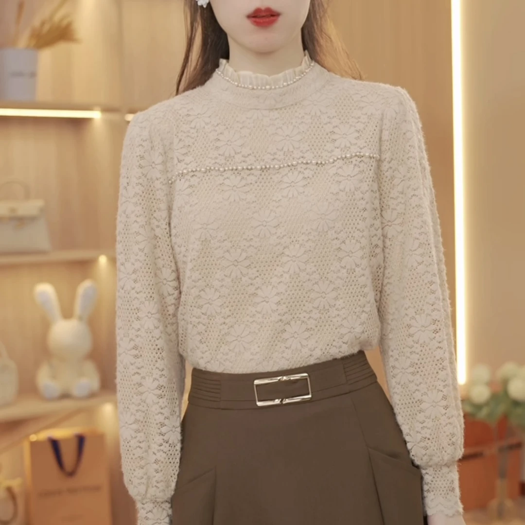 【兔姐衣橱】冬季新款立领订珠长袖时尚百搭加厚蕾丝上衣
