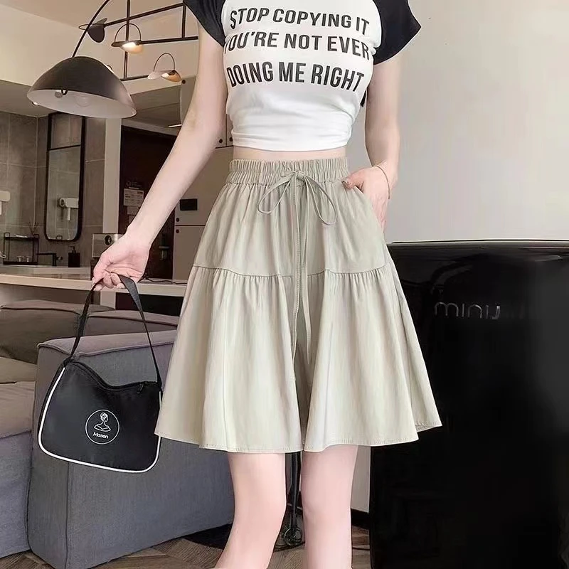 2025夏季新款显瘦小个子高腰冰丝皱麻五分裙裤女阔腿短裤女百搭