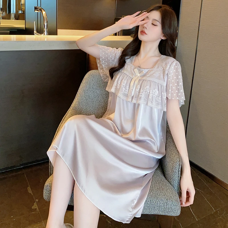 带胸垫的睡衣女夏季冰丝网红薄款公主风睡裙高档蕾丝家居服可外出