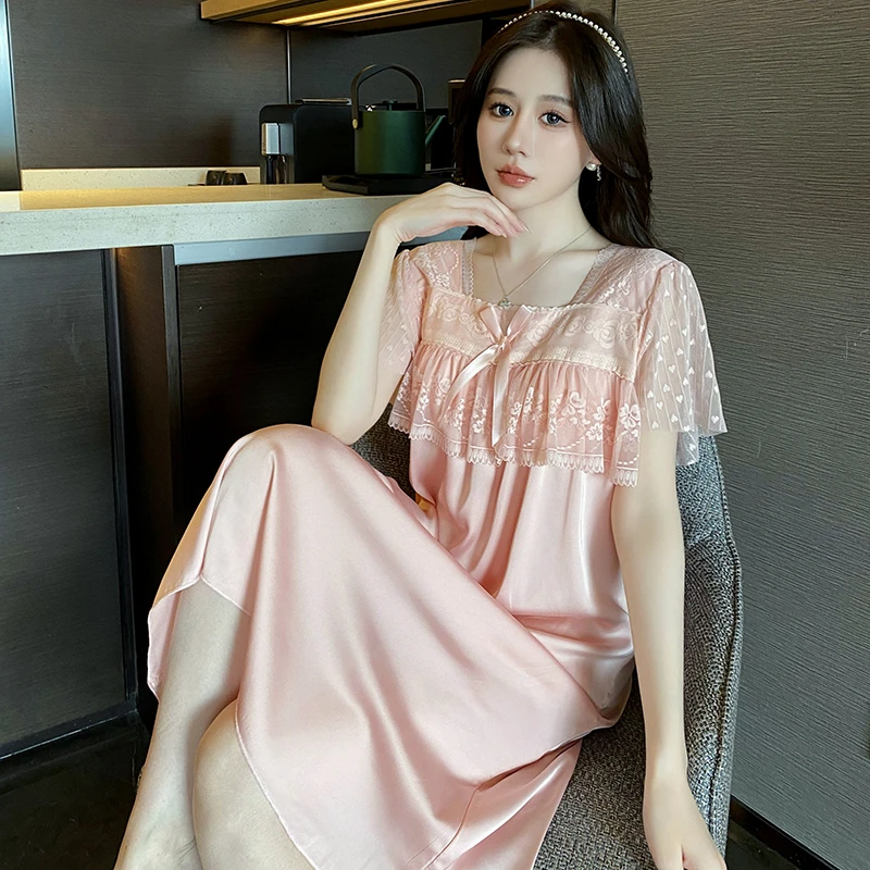 夏季女士冰丝睡衣女夏带胸垫网红蕾丝睡裙轻奢高级感家居服可外穿