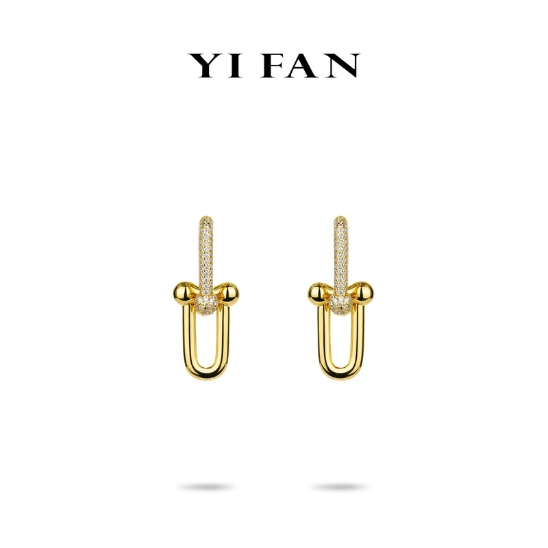 925银合成锆石耳饰 3498-金色环环相扣简约耳环