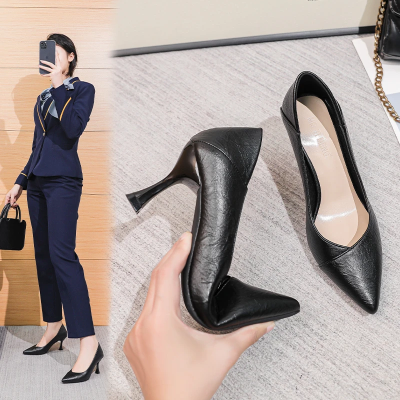单鞋女尖头黑色职业工作鞋浅口高跟鞋气质性感细跟不累脚百搭女鞋