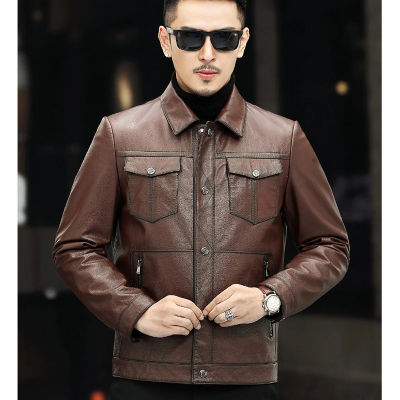 海宁男士真皮皮衣男款牛皮皮夹克外套翻领潮流休闲春秋皮夹克男款