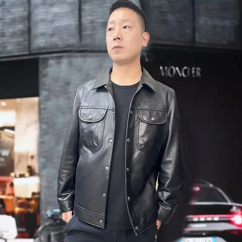 真皮皮衣男短款头层绵羊皮翻领2024新款春秋季男士纽扣夹克外套