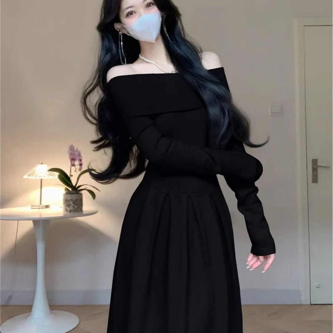 [A440编码]法式一字肩长袖针织连衣裙女气质温柔高级感修身长裙