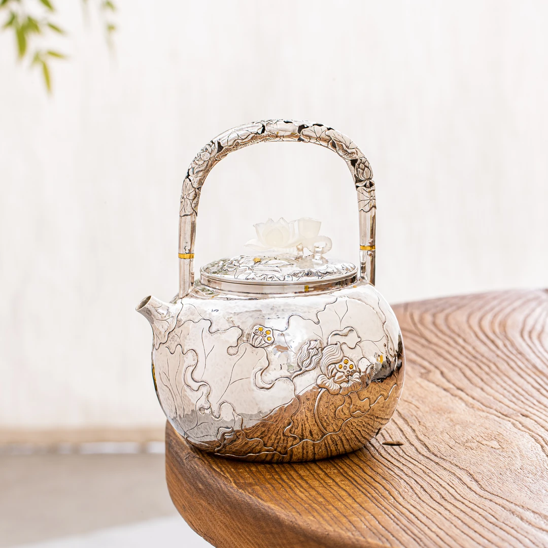 蜂鸟工坊 名匠优选 隔热把荷花提梁大壶银煮水煮茶壶 MJYXA3053