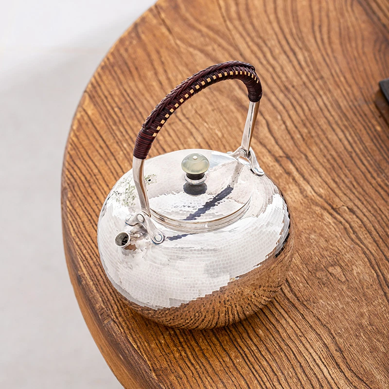 蜂鸟工坊 名匠优选锤纹玉钮提梁银壶大容量煮水烧水壶 MJYXA2071