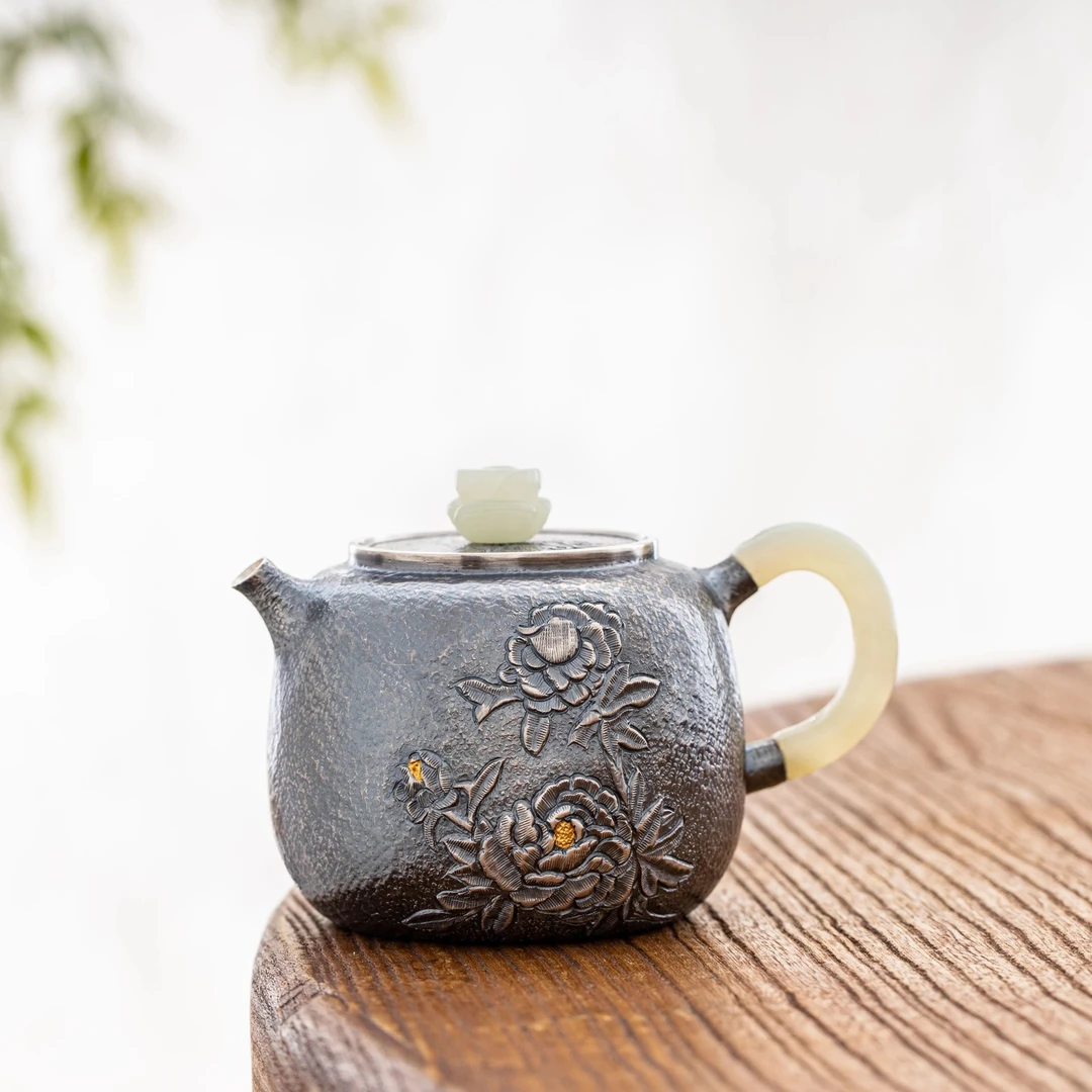 蜂鸟工坊手工艺品熏银牡丹银壶泡茶壶FNNA1787
