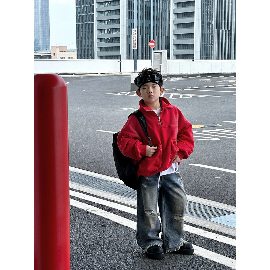 男童加绒卫衣2024冬儿童立领拉链上衣手工喷色立体包红色休闲棉10