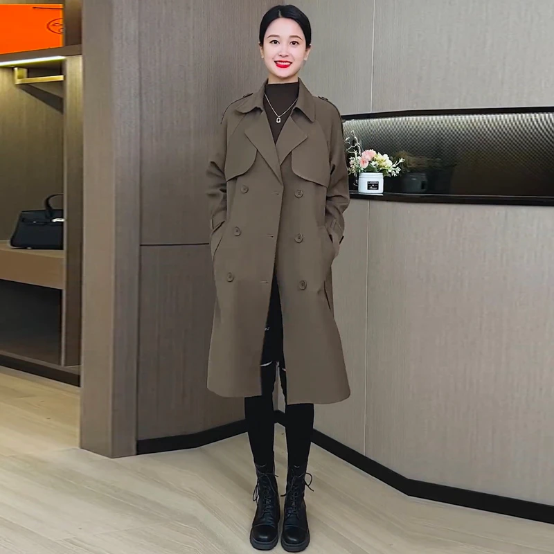 大衣女2025春秋新品时尚洋气韩版宽松外套女双排扣女中长款风衣