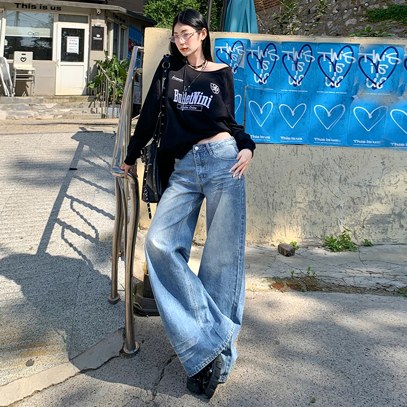 唐采儿折痕做旧水洗牛仔裤女2024款拖地显瘦宽松直筒阔腿裤