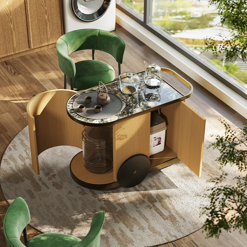 高端定制奢石桌面轻奢自动烧水茶车万向轮移动茶车阳台书边几茶几