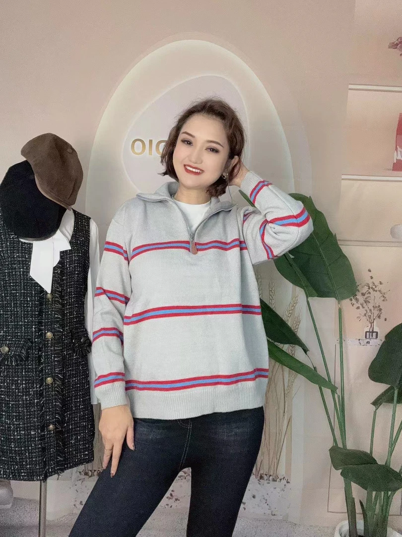 灰色半拉链条纹翻领套头毛衣女秋冬秋季宽松慵懒风针织衫上衣早秋