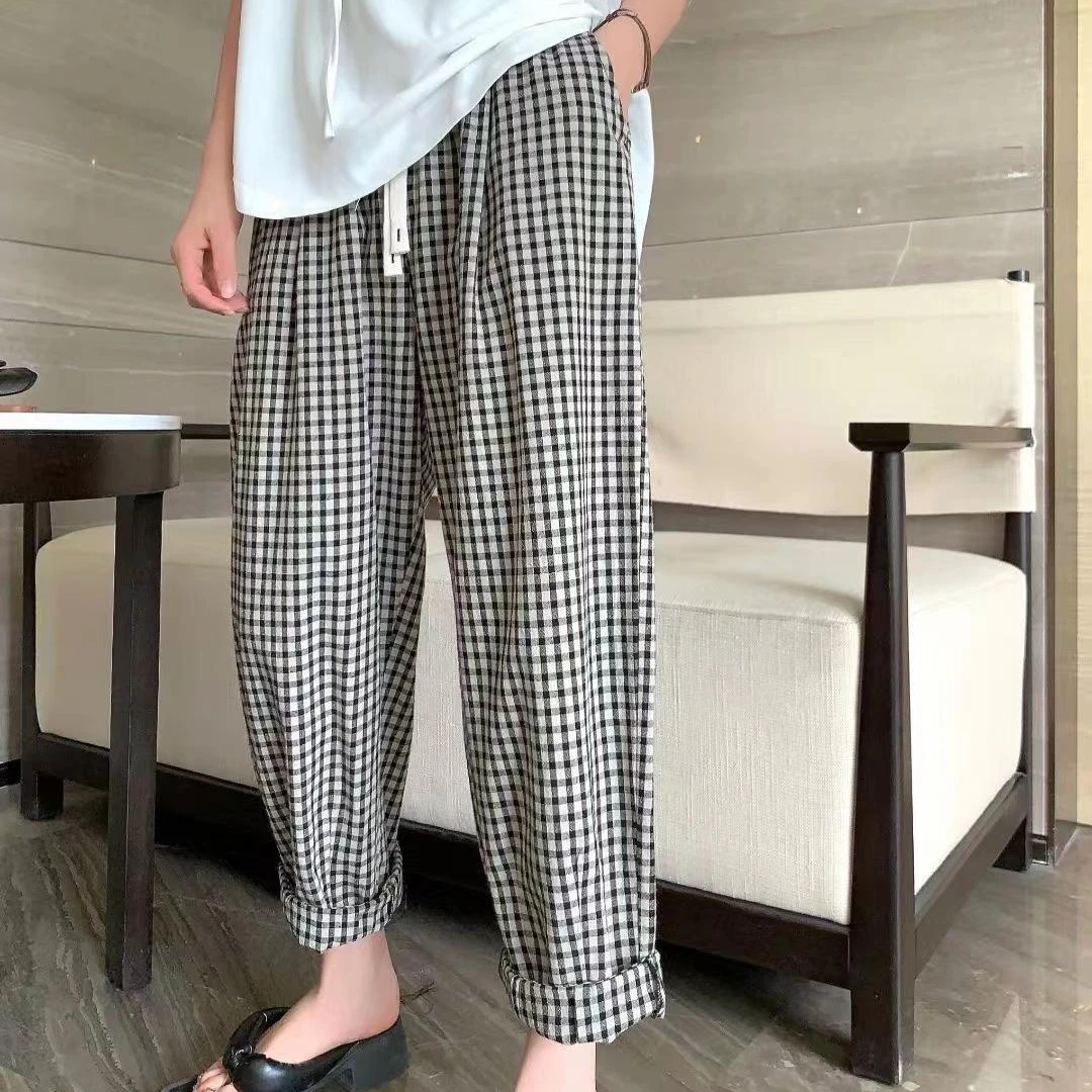 菲菲家精品水洗棉格子裤直筒格子裤瘦版阔腿裤显瘦休闲百搭夏季