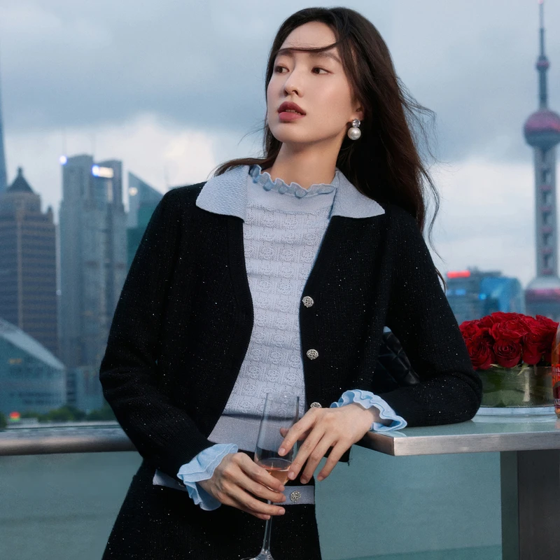 甜美小香风针织开衫长袖毛衣外套含羊毛热力感贝爱2023秋季新款