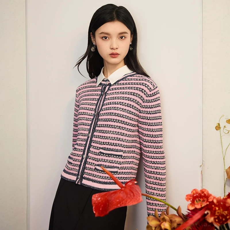 【舒软小香风】条纹针织开衫甜美毛衣外套DOUBLOVE贝爱25春季新款