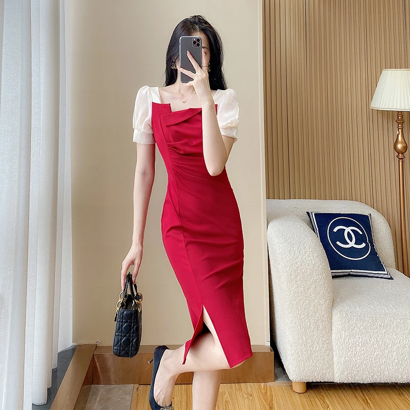 女装中长款显瘦裙子礼服名媛连衣裙包臀裙显瘦复古设计感开叉裙子