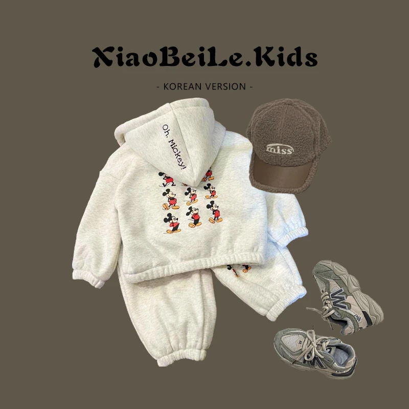 儿童秋冬套装2024新款加绒加厚小童时尚连帽卡通保暖卫衣外套