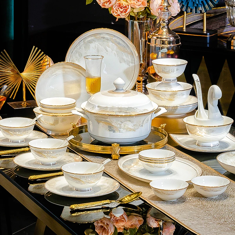 洛威大好河山中式景德镇碗盘餐具轻奢家庭用陶瓷碗盘全套乔迁组合