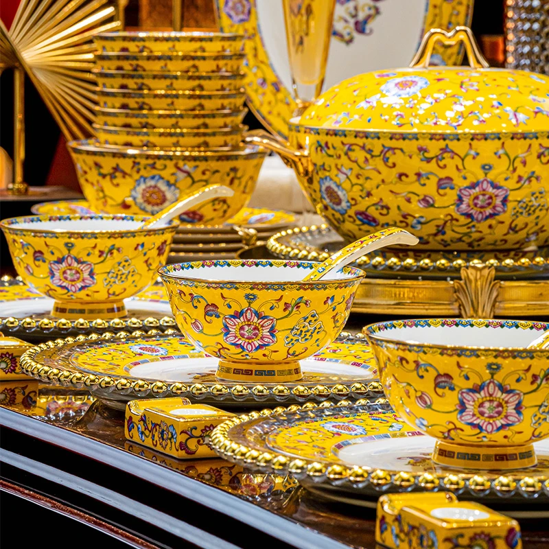 景德镇正宗珐琅彩餐具套装奢华高端骨瓷碗碟套装家用套餐高档乔迁