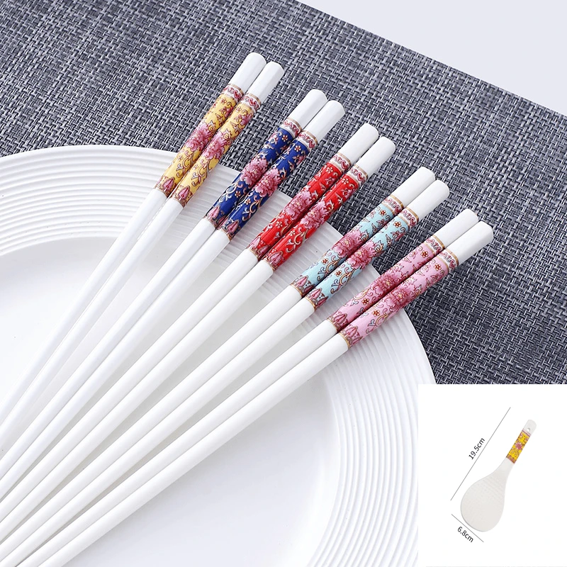 【洛威】珐琅彩骨瓷筷子10双+1个同款陶瓷饭勺耐高温易清洗不易发霉