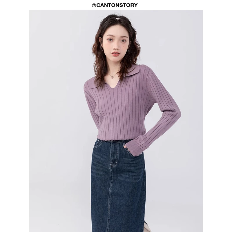 羊城故事秋冬V领纯色纹理长袖针织衫 Y21Y12xPOLO领针织衫x9033