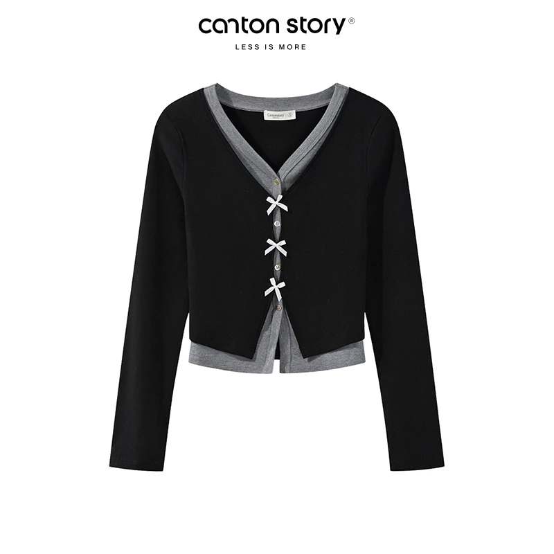 羊城故事秋季黑色不规则显瘦百搭假两件长袖针织衫【Y40743213】