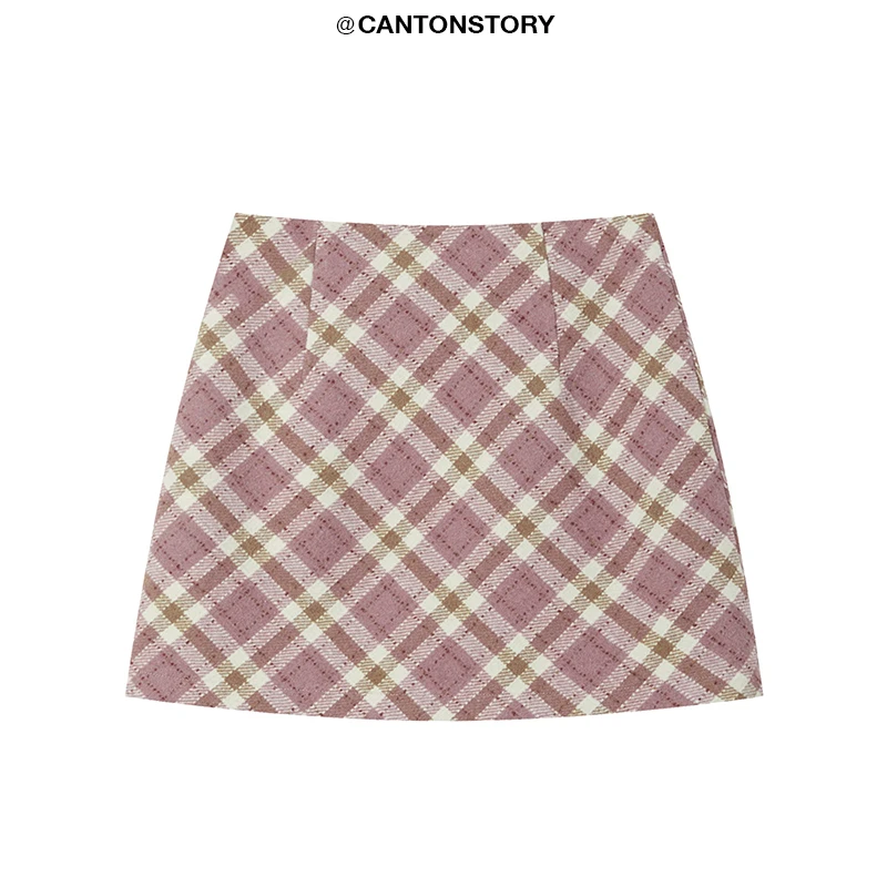 羊城故事【现现】粉色格纹毛呢半身裙女2024高腰修身短裙 Y41247377