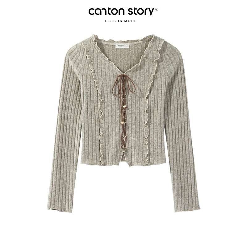 羊城故事美式复古绑带长袖t恤女肌理感显瘦上衣 Y40843693